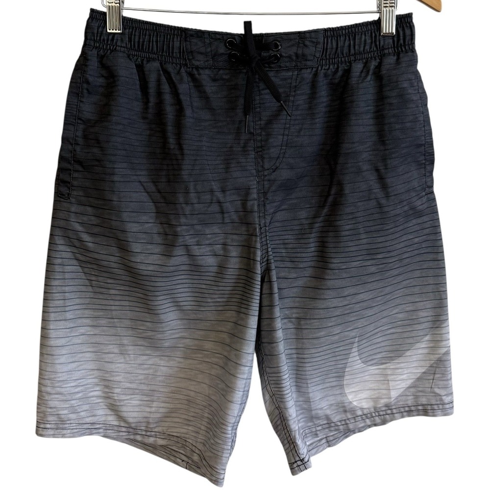Nike Brief Lined Swim Black Gray Swoosh Drawstring Board Shorts Men's‎ Sz M #450